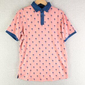 Birdie2Bogey Polo Mens Small Pink Blue Ringer Palm Tree All Over Print Athletic